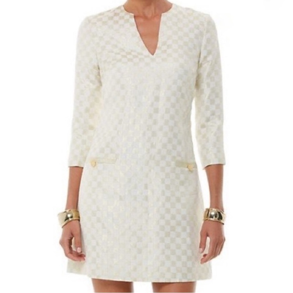{EUC} Lilly Pulitzer Mclane Shift Dress Ladies Size 4 Gold Metallic Checkered